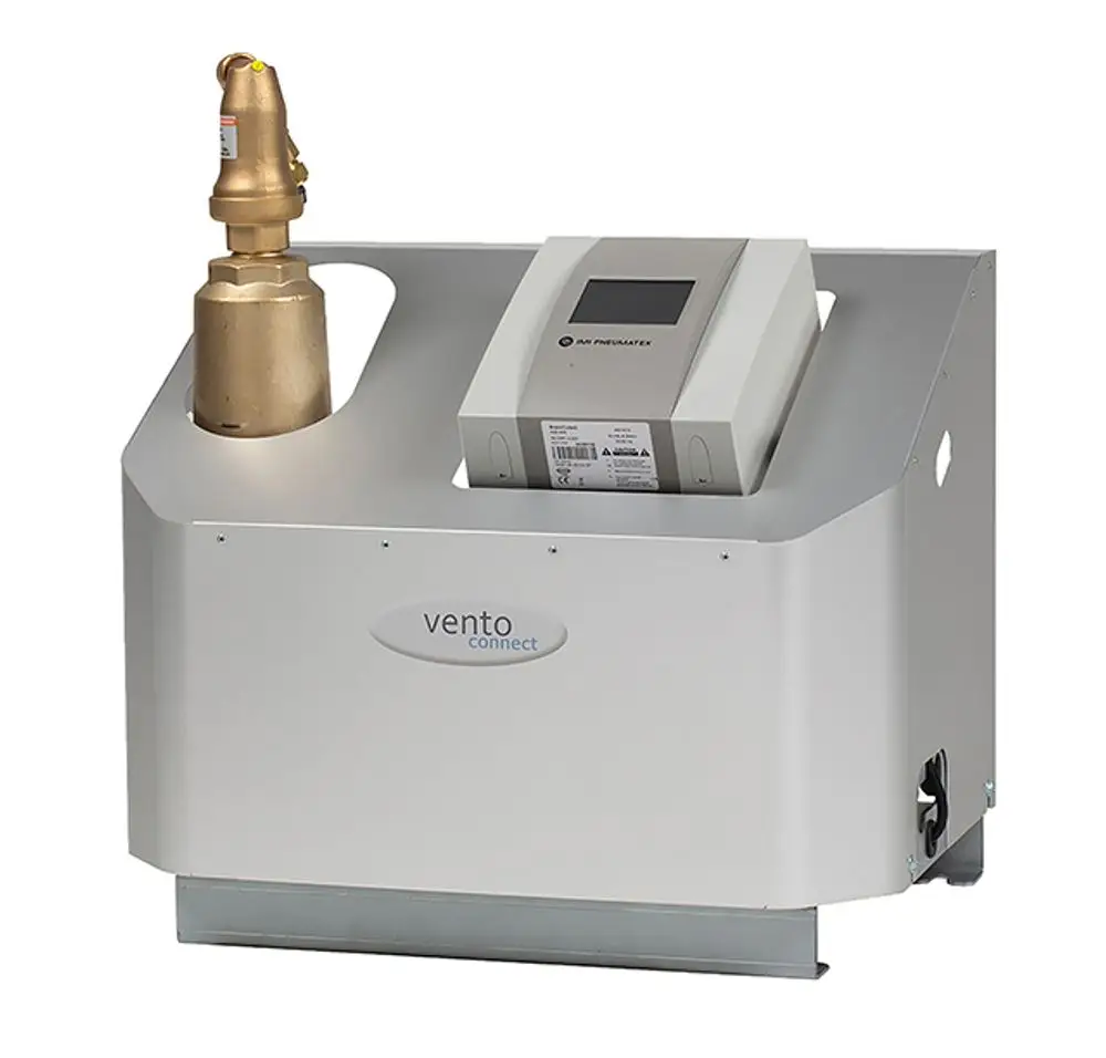 Gerät von IMI Hydronic Engineering mit einer Entgasungseinheit, einer Messanzeige und einer Verbindung für das Heizsystem. Es hat eine kompakte, rechteckige Bauform.